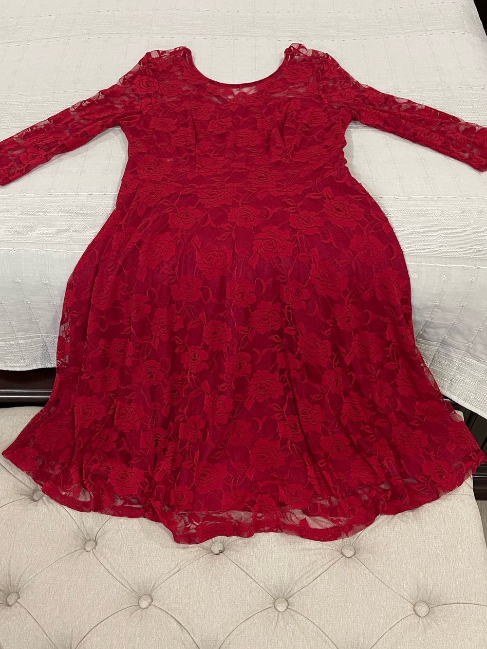 Women's Red Lace Midi Dress with Floral Overlay